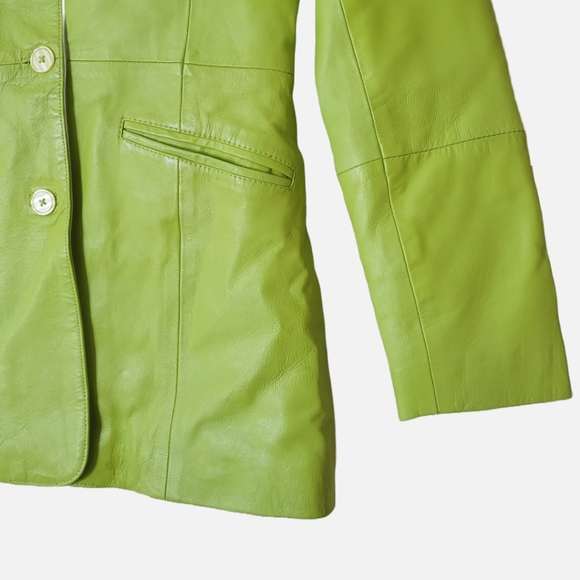 Vintage Y2K oversized long lime green  genuine leather blazer jacket - Picture 4 of 9